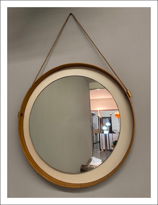 Specchio vintage  a vassoio  ovale anni 60 in rovere naturale e corda. modernariato  Diametro 52